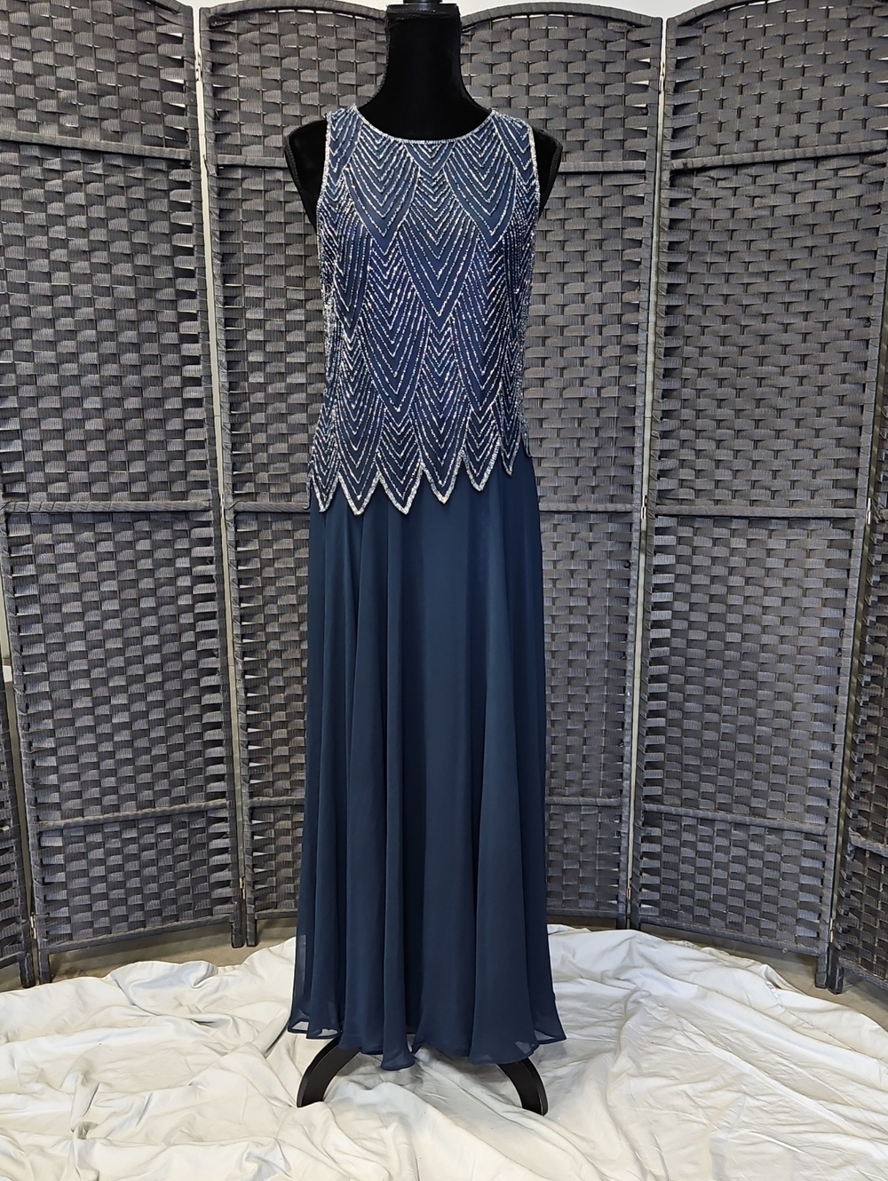 Size 8 navy with silver popover asymetrical sleeveless chiffon aline gown JKARA